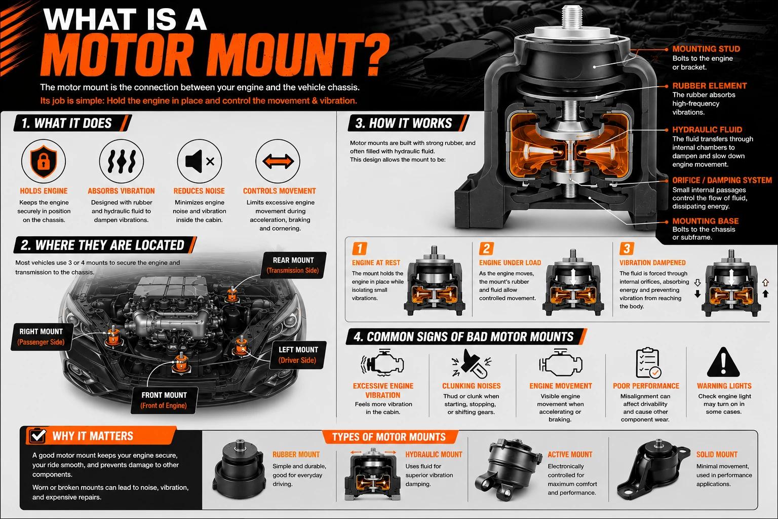 What is a motor mount: infographic covering what it does, where the 3-4 mounts are located, how a hydraulic mount works, the common signs of failure, and the types of motor mounts.