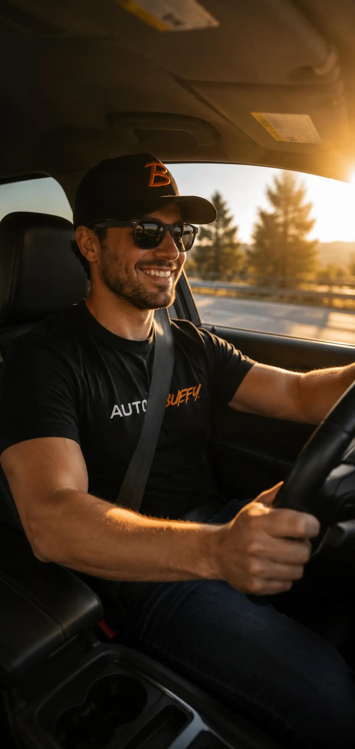 AutoBuffy customer driving at sunset