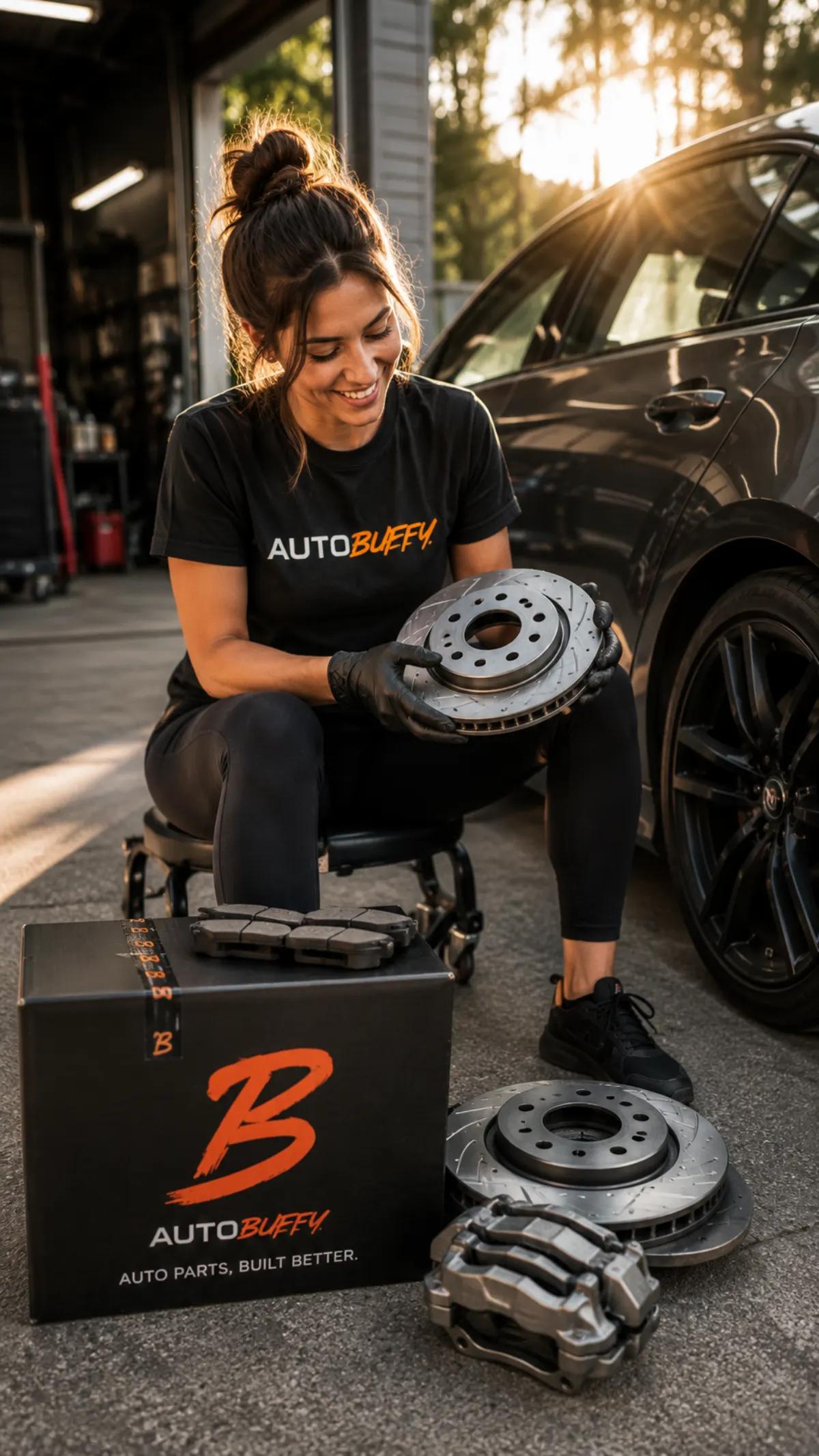 Technician inspecting AutoBuffy brake rotors and pads