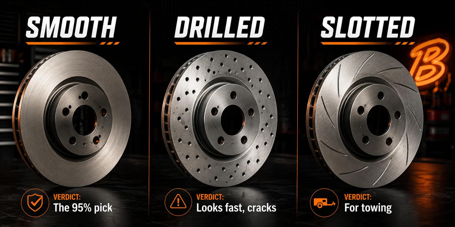 Smooth vs drilled vs slotted brake rotors comparison — smooth is the pick for 95% of daily drivers