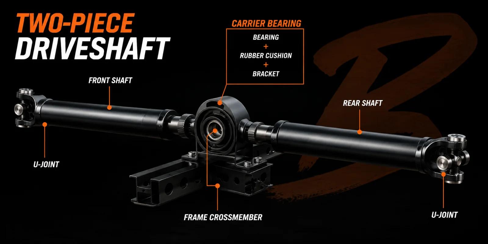 Two-piece driveshaft diagram: carrier bearing (center support bearing) with bearing, rubber cushion, and bracket on the frame crossmember