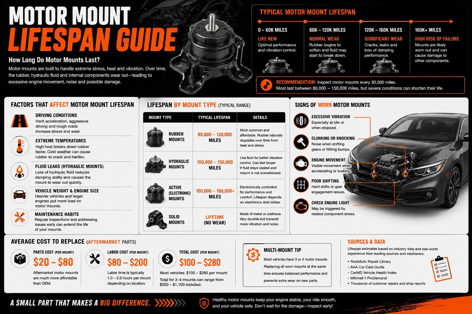 Motor mount lifespan — mileage bands and what wears them out.