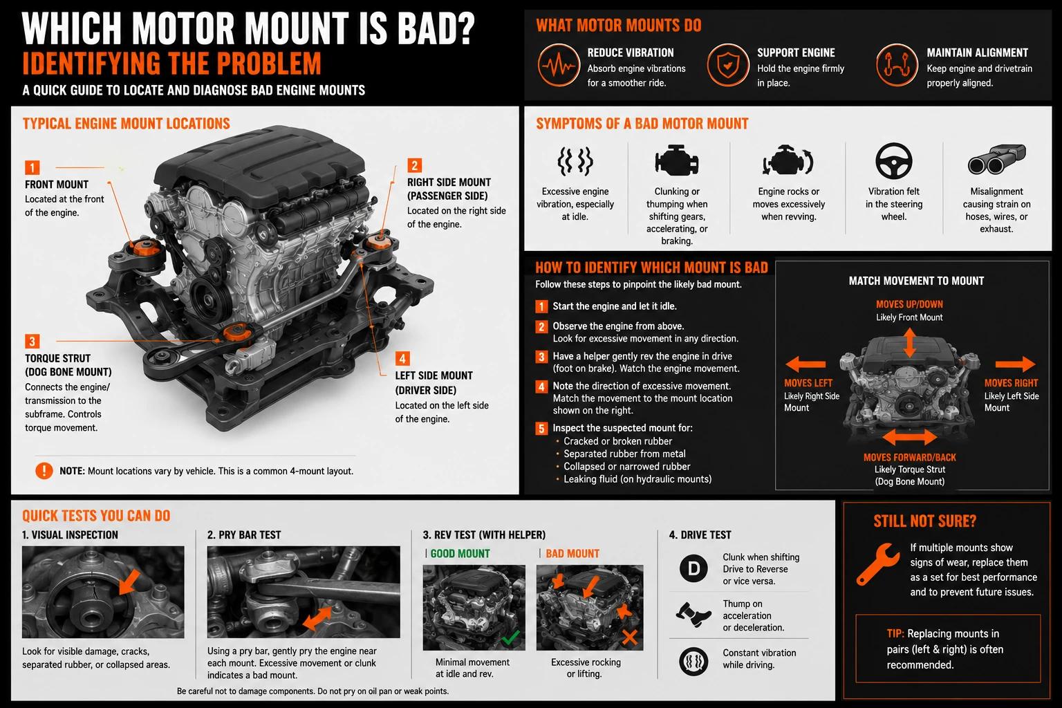 How to tell which motor mount is bad — the diagnostic tests mapped out.