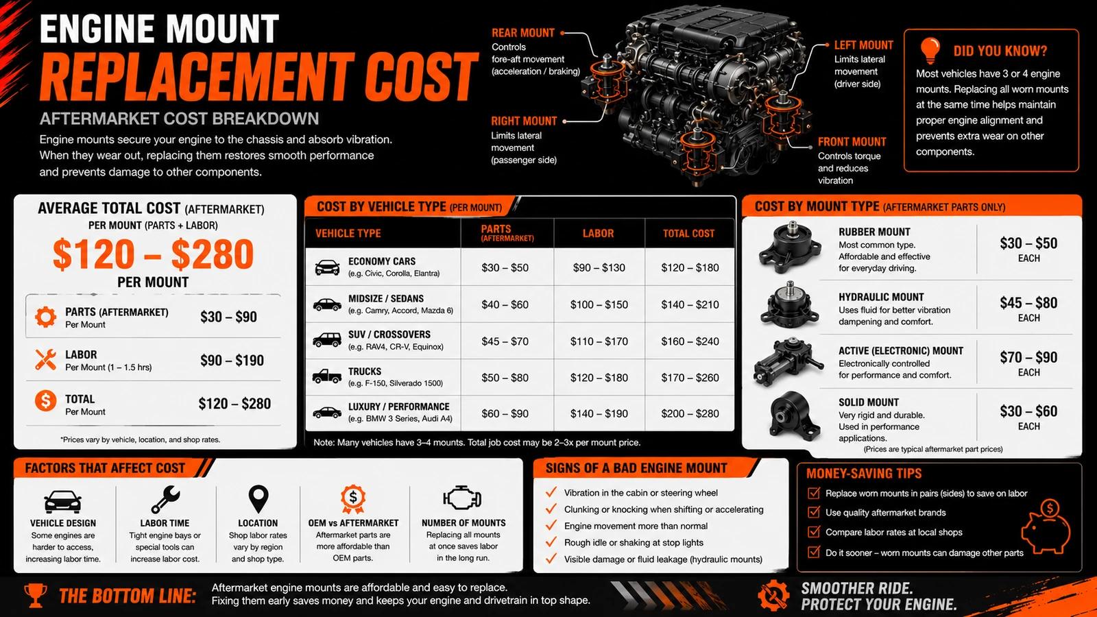 Motor mount replacement cost breakdown — parts vs labor and by mount type.