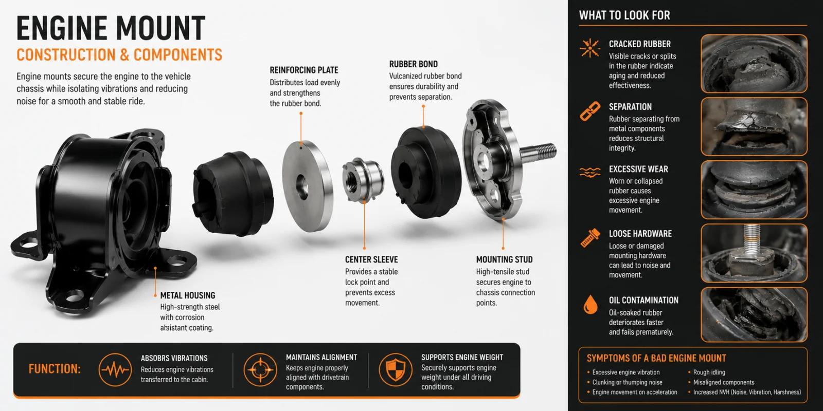 Engine mount construction and what to look for on a failing mount — cracked rubber, separation, excessive wear, loose hardware, and oil contamination.